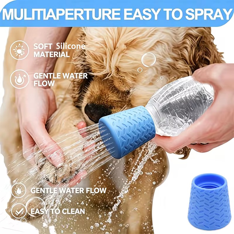 Blue silicone nozzle rinsing a dog's paw