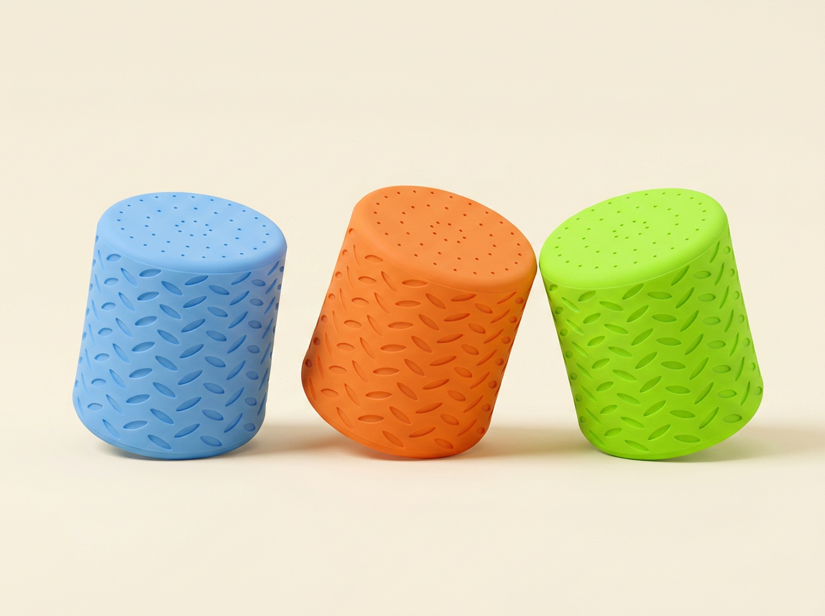 The nozzle in blue, orange and green silicone